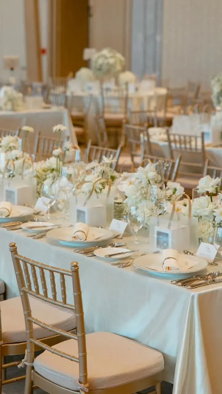 Bright banquet table setup with white florals