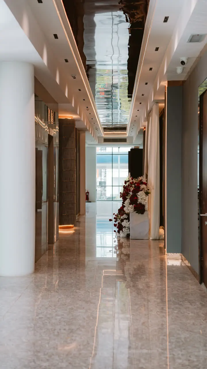 Polished corridor leading into the event space