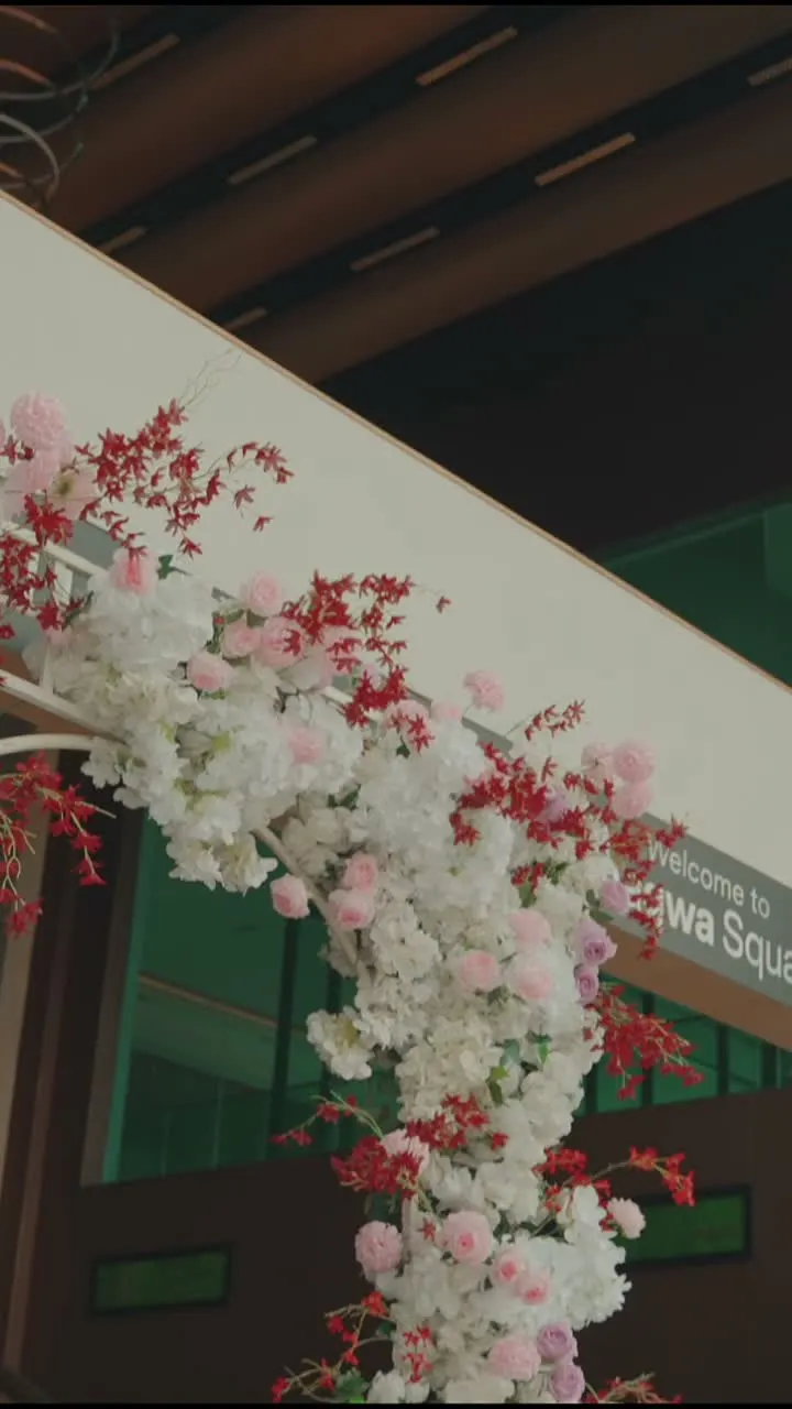 Floral entrance arrangement outside Thaqwa Square